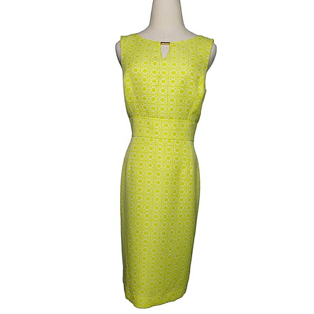 Tahari Levine Studios Tailored Bodycon Sheath  Geometric Gold Keyhole Dress 10